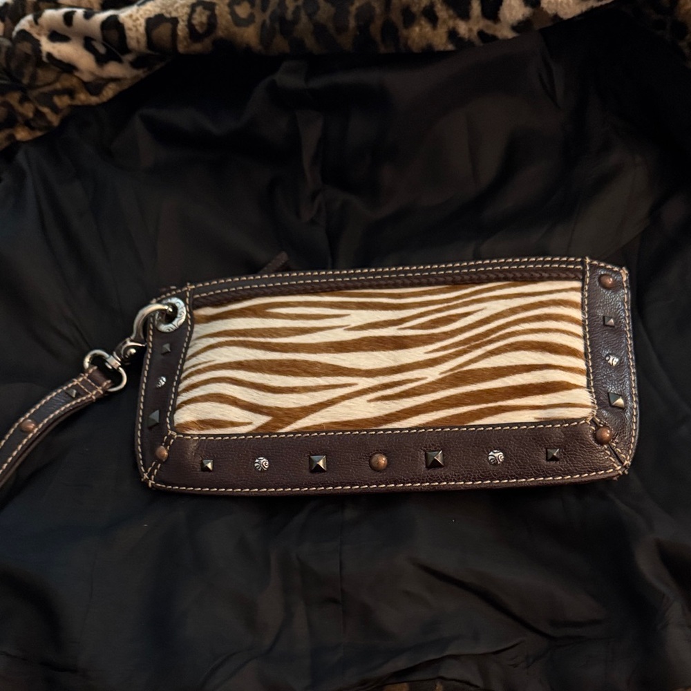 Brighton Zebra Print Wristlet with Studded Trim. Wrist strap. 11x5.5